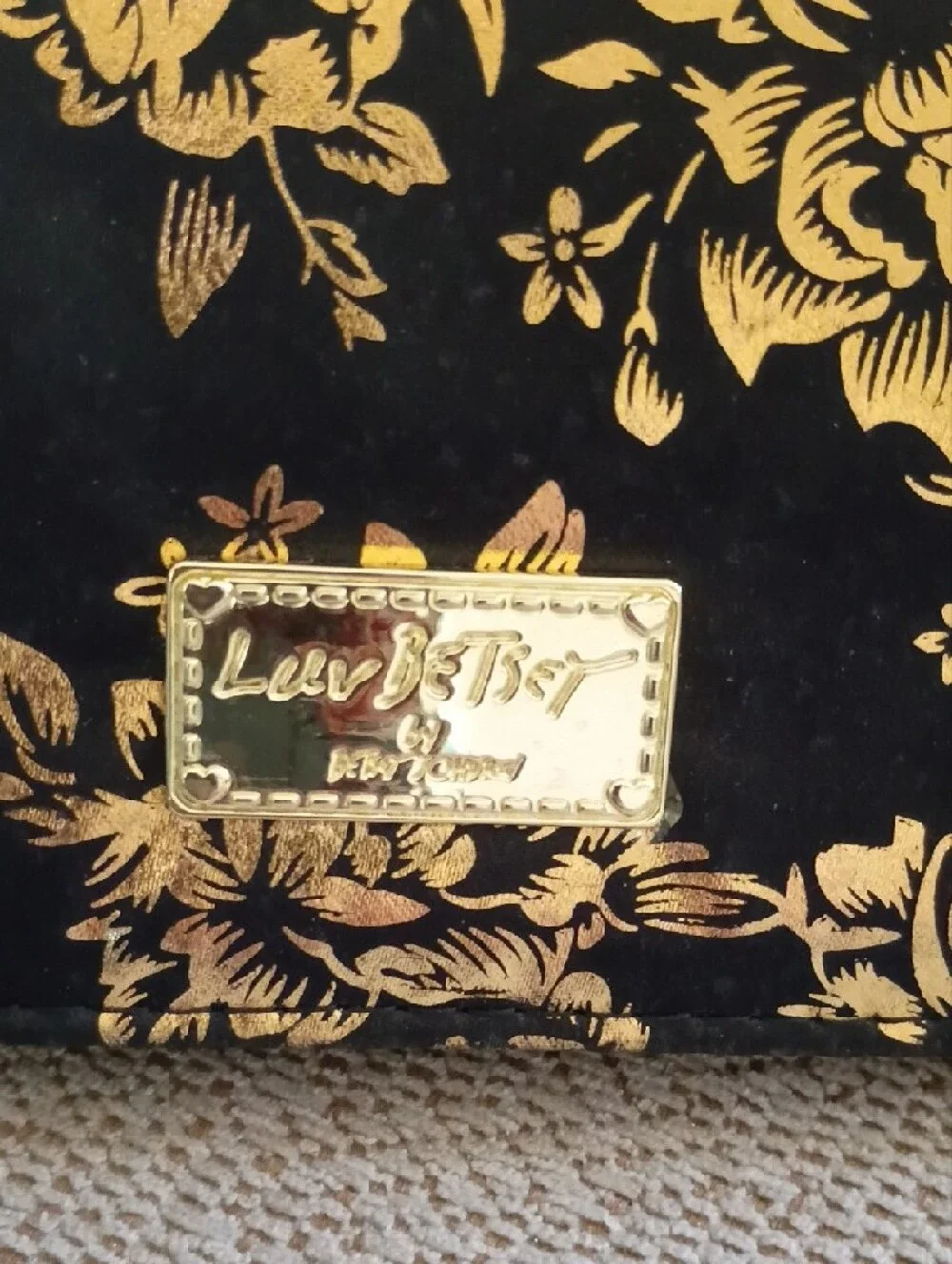 Betsy Johnson Gold Floral Print Black Wristlet Clutch